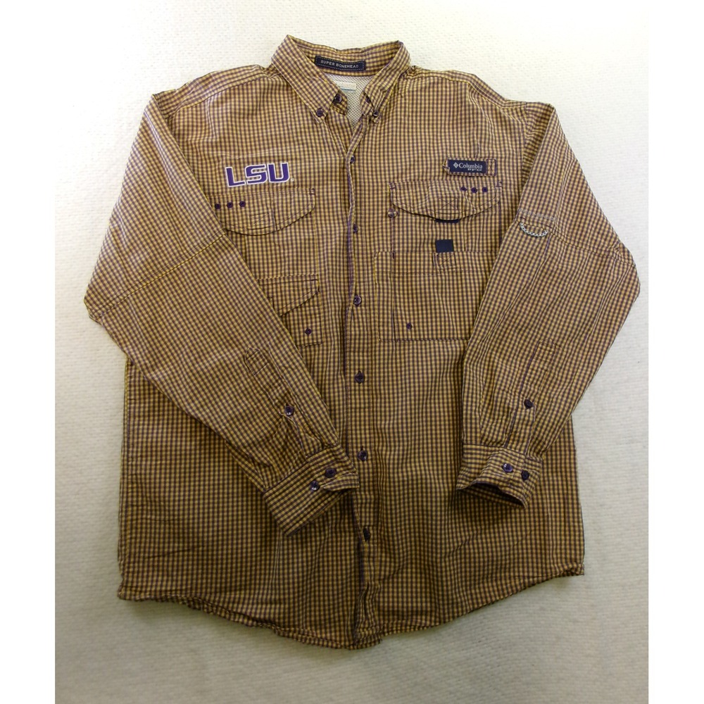 Columbia PFG Super‎ Bonehead LSU Fishing Shirt Mens Small Purple Gold XM7054